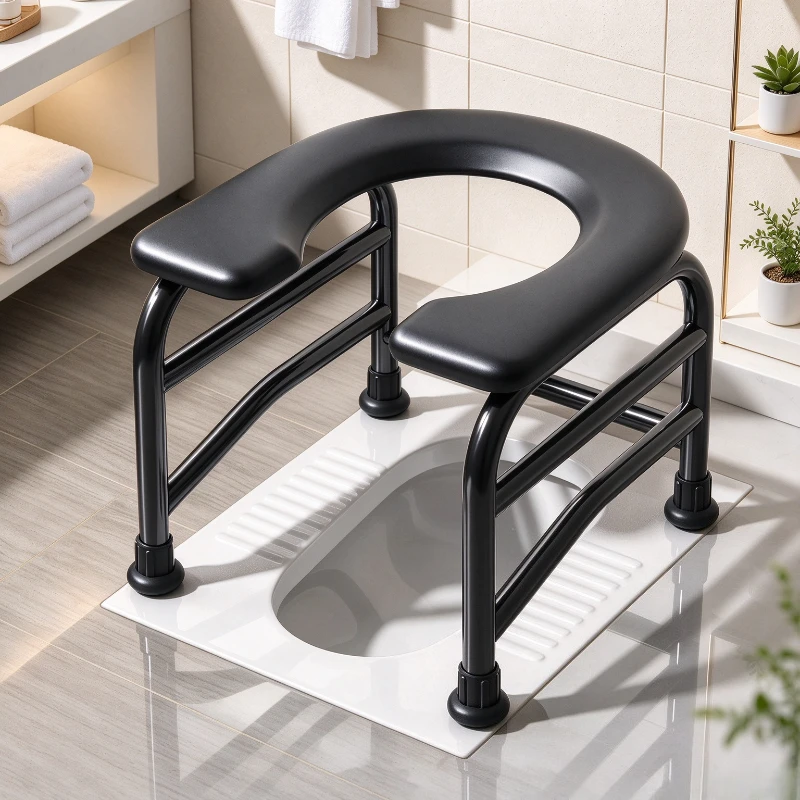 Commode Chair 37cm High U Shaped Toilet Stool Black Open Front Seat Non Slip Foot Pads Stable Portable Design for Bedside Use