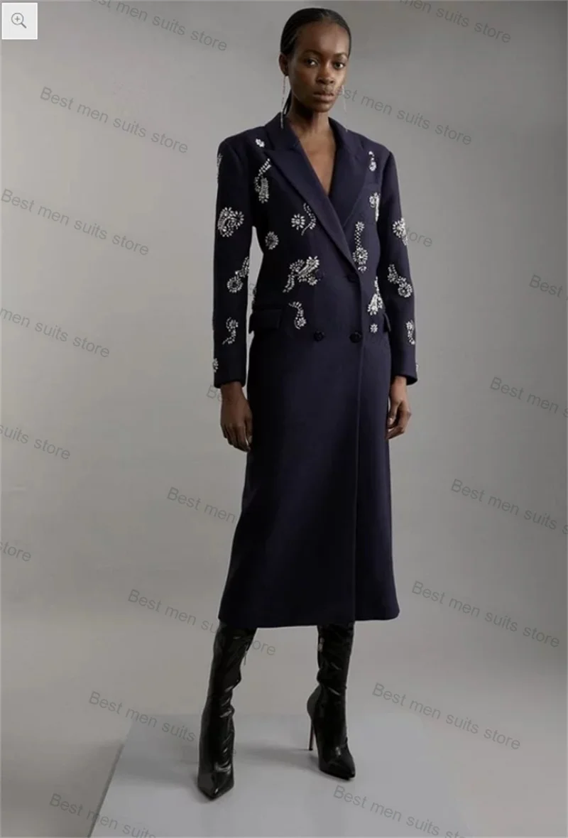 

Navy Blue Wool Cashmere Women Suit 1 Piece Long Overcoat Crystal Winter Customized Double Breasted Formal Office Jacket Coat