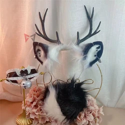 New White Black Deer Horns Ears Hair Hoop Headwear Bell Earrings Tail Christmas Costume Accessories Hand Made Work