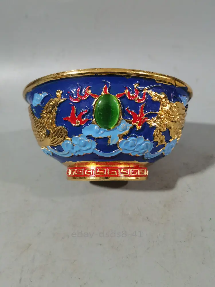 

Китайская антикварная позолоченная чаша Cloisonn с синим драконом и фениксом