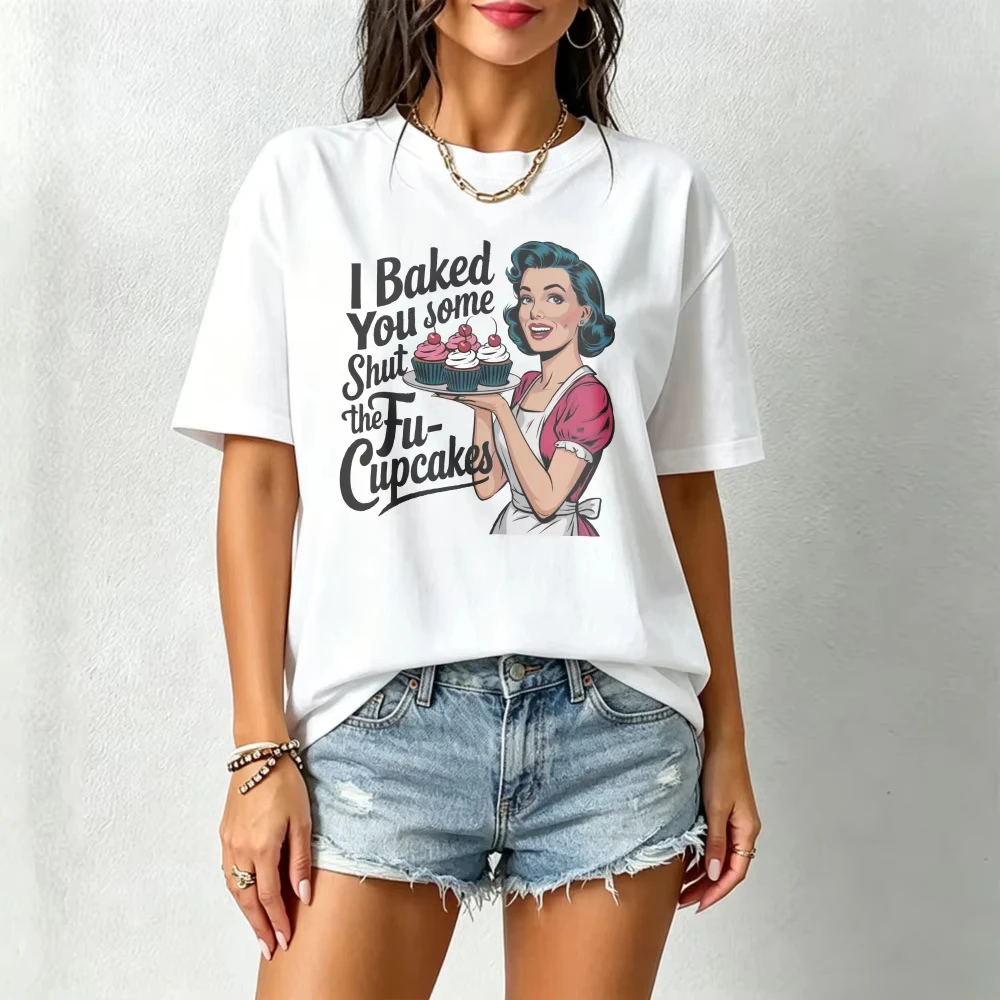 Shut The Fucupcakes Baking Tshirt Funny Sassy Humor Preppy Women Short-sleeve Tees Retro Housewife Tops Fun Baking Humor Gift