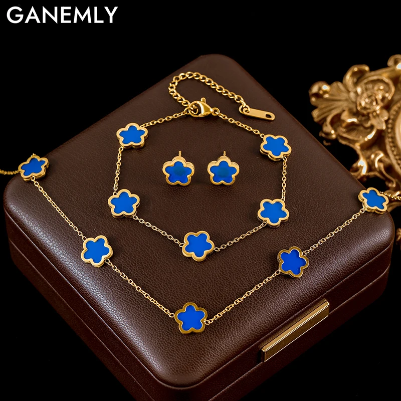 GANEMLY 316L Stainless Steel Blue Plum Flower Five Leaf Clover Necklace Bracelet Earrings Jewelry Set For Women Birthday Gift