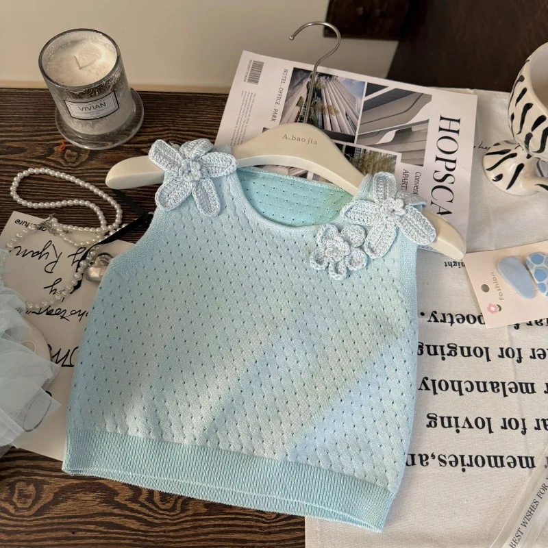 Korean children's clothing 2025 new summer girls' heavy craft flower vest mesh layered cake skirt two-piece set