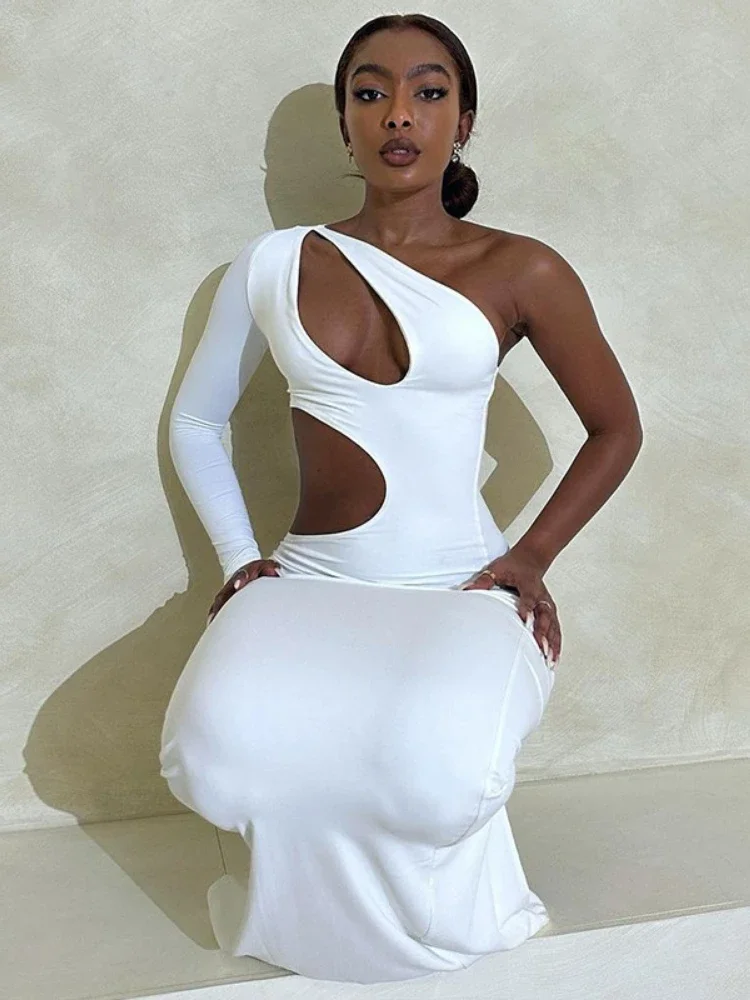 WeiYao Sexy Irregular Hollow Out Design Birthday Party Dress Prom Dress Oblique Neck One Shoulder Sleeve Maxi Dresses for Women