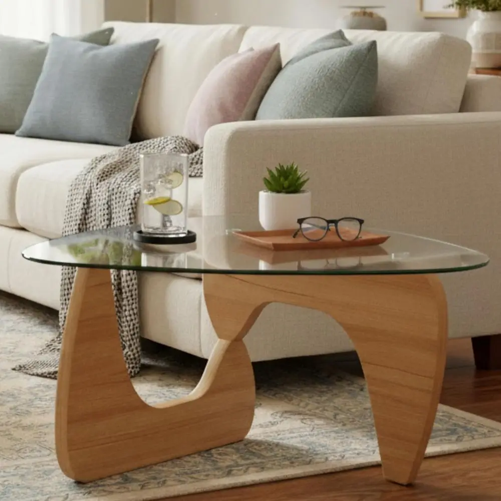 

ern e Glass Coee Table, 16 Inch High Glass Top Abstract Small End Table with Solid Natural Wood Base, Tea Table Suitable or Livi