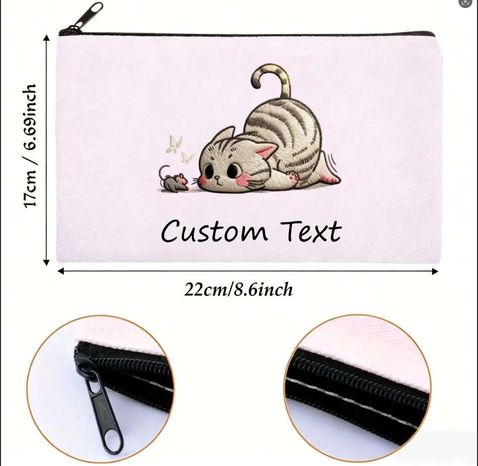 1PC Personalized Cute Tabby Cat Mouse Butterfly Canvas Cosmetic Pouch Custom Text Zipper Bag Portable Travel Makeup Storage