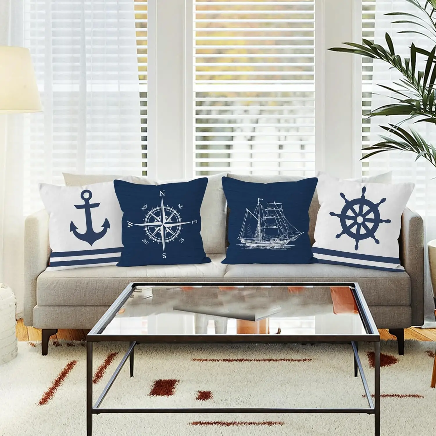 4Pcs Navy Blue Nautical Throw Pillow Covers, Marine Cushion Cases with Anchor and Compass for Living Room Sofa Home Decor