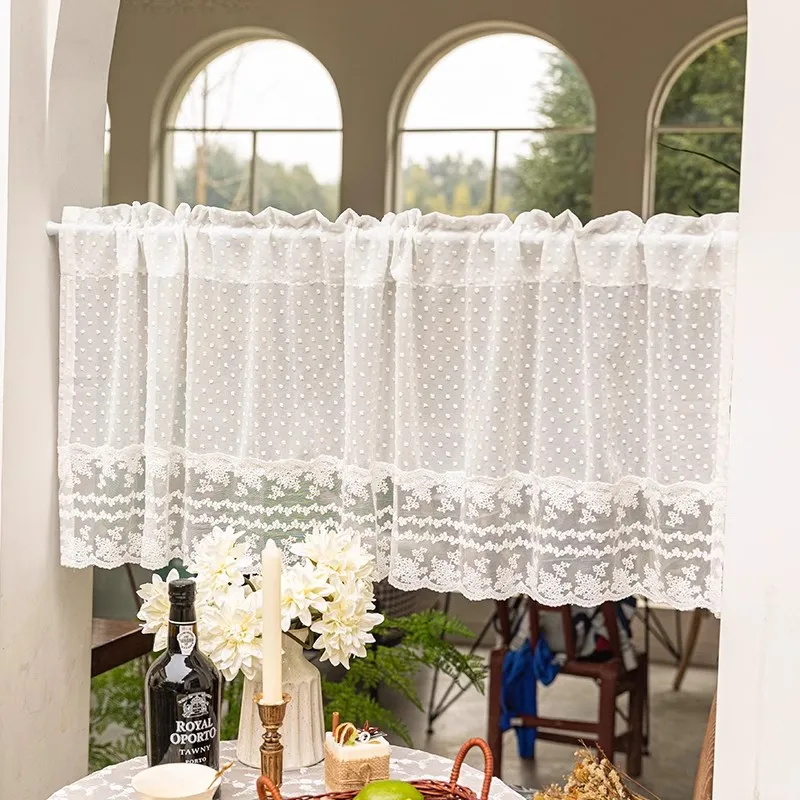 

Korean White Polka Dots and Flower Embroidered Lace Sheer Half Curtain Transparent Partition Cafe Curtain For Kitchen Door Decor