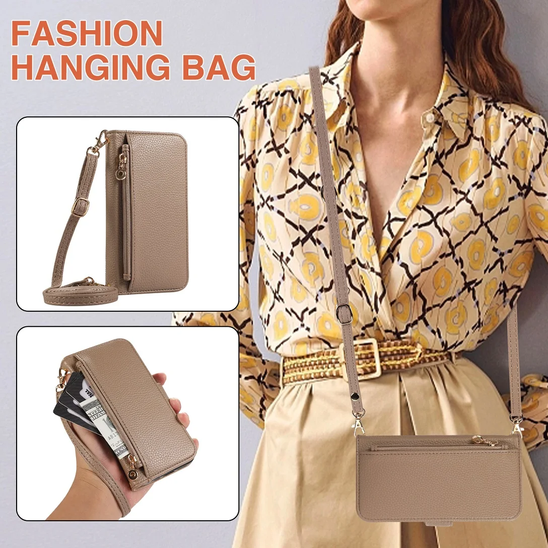 Luxury Shoulder Zipper Purse Bag Leather Card Wallet Case For iPhone 12 13 14 15 16 17 Pro Max Plus Mirror Makeup Phone Cover - náhled 2