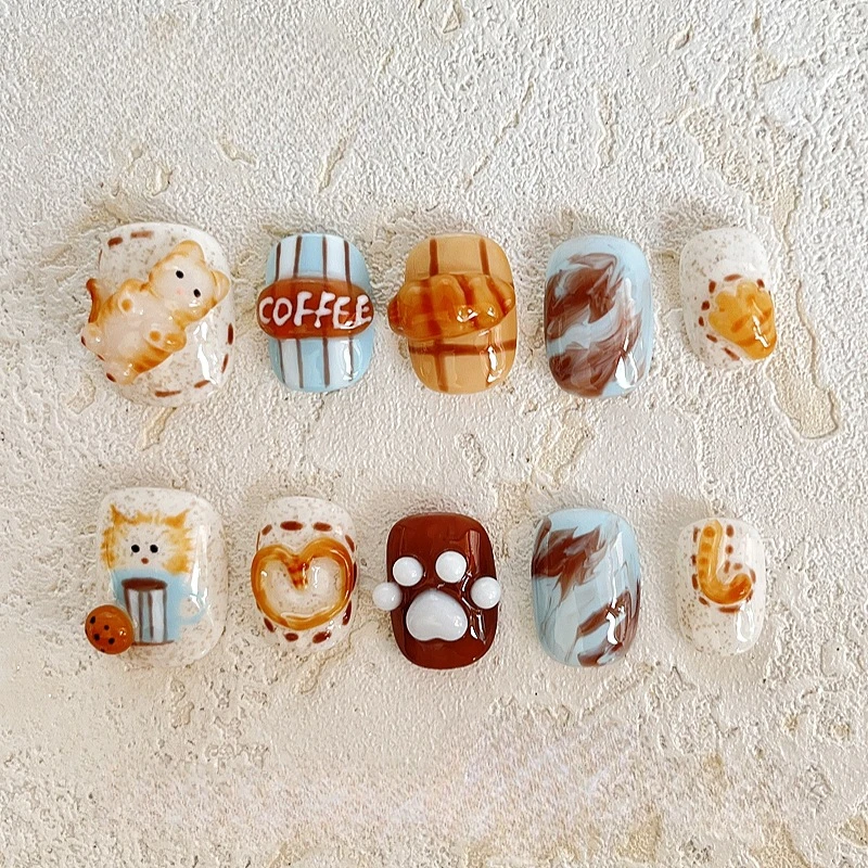 Summer Cartoon Cute Press On Nails Handmade Orange Cat Lazy Atmosphere Afternoon Tea Short Fake Nail Patches