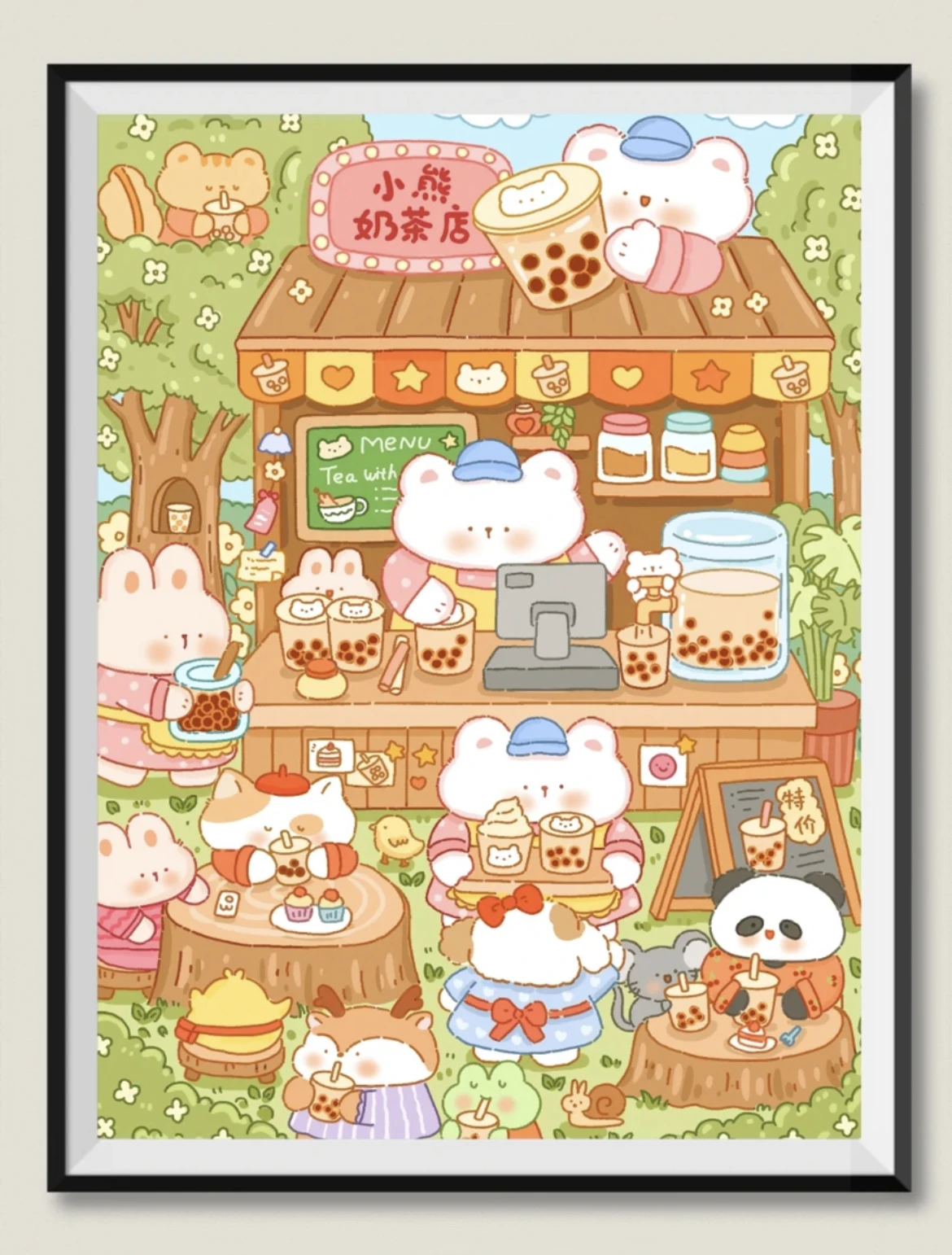 9ct 65x85cm Little Bear Milk Tea Shop Embroidery DIY Chinese Style Printed Kits Cross Stitch Needlework Set Home Decor Crafts