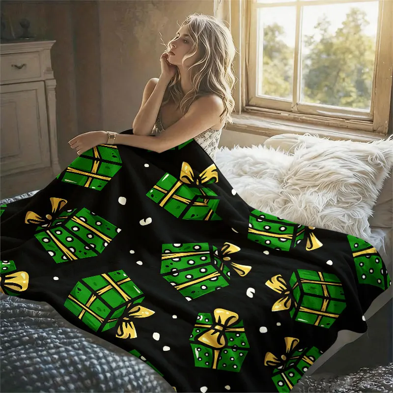 Green Gift Boxes Flannel Blanket Warm Soft Halloween Christmas Decorative Couch Warm Cozy All-Season Gift
