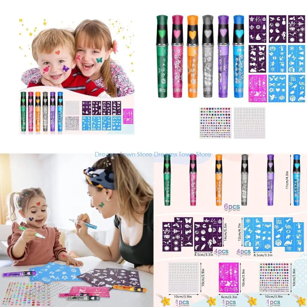 HX6A Temporary Glittering Body Art Pen 6 Color Marker with 9 Stencils and Sticker For Kid Adult Masquerade Halloween Party