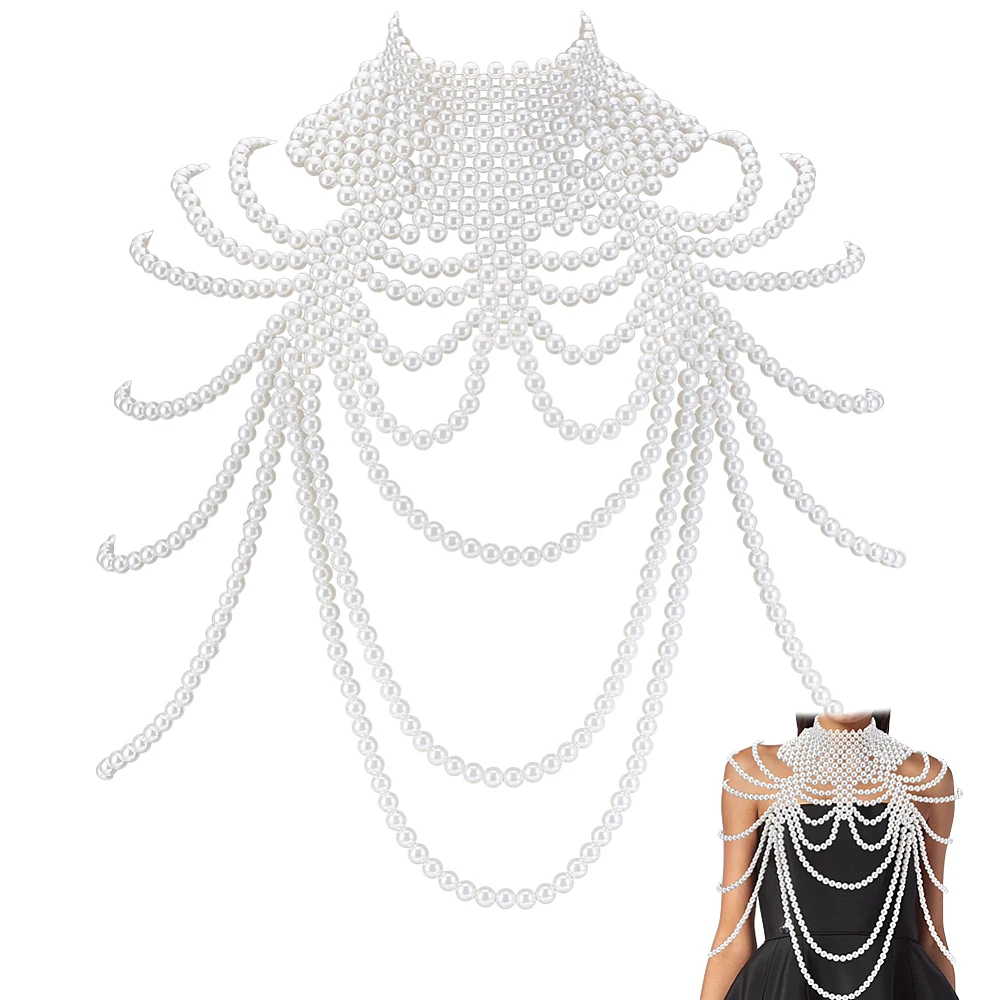 1PC Pearl Body Chain Adjustable Shoulder Necklace White Bra Jewelry Plastic Beaded Chain for Women Party Wedding Backless Dress