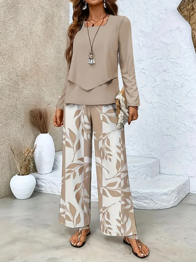 Plus-size European and American cross-border autumn and winter printed long-sleeve set, casual and elegant commuter two-piece se