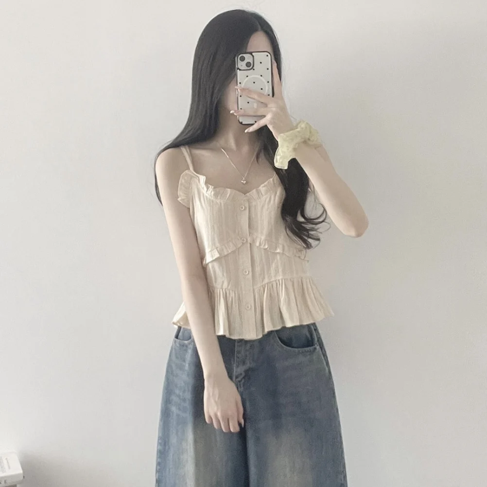 Fashionable Korean Style Ruffle Design Casual Summer New Arrival Women's Tank Top Versatile Loose Fit Single Button Closure