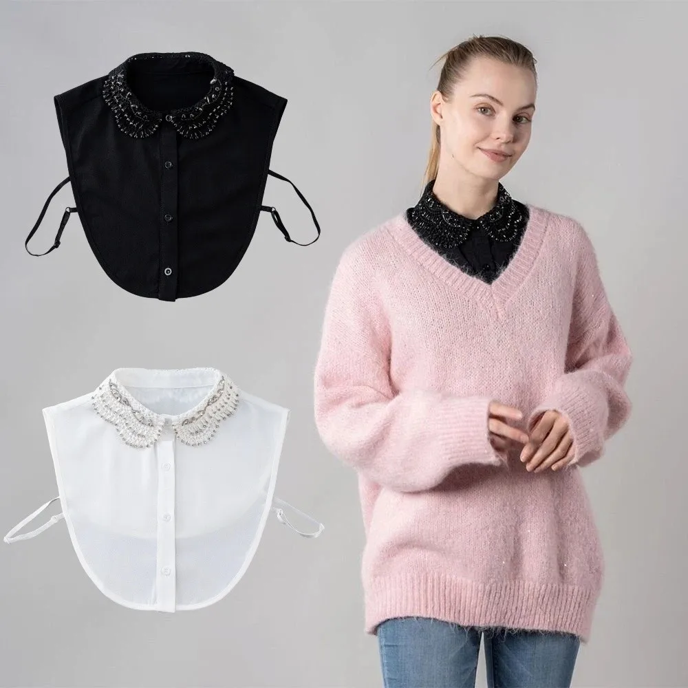 Rhinestones Shiny Fake Collar Elegant Lace Design Detachable Collar Handmade Beads White Color Blouse Collar Fashion Accessories
