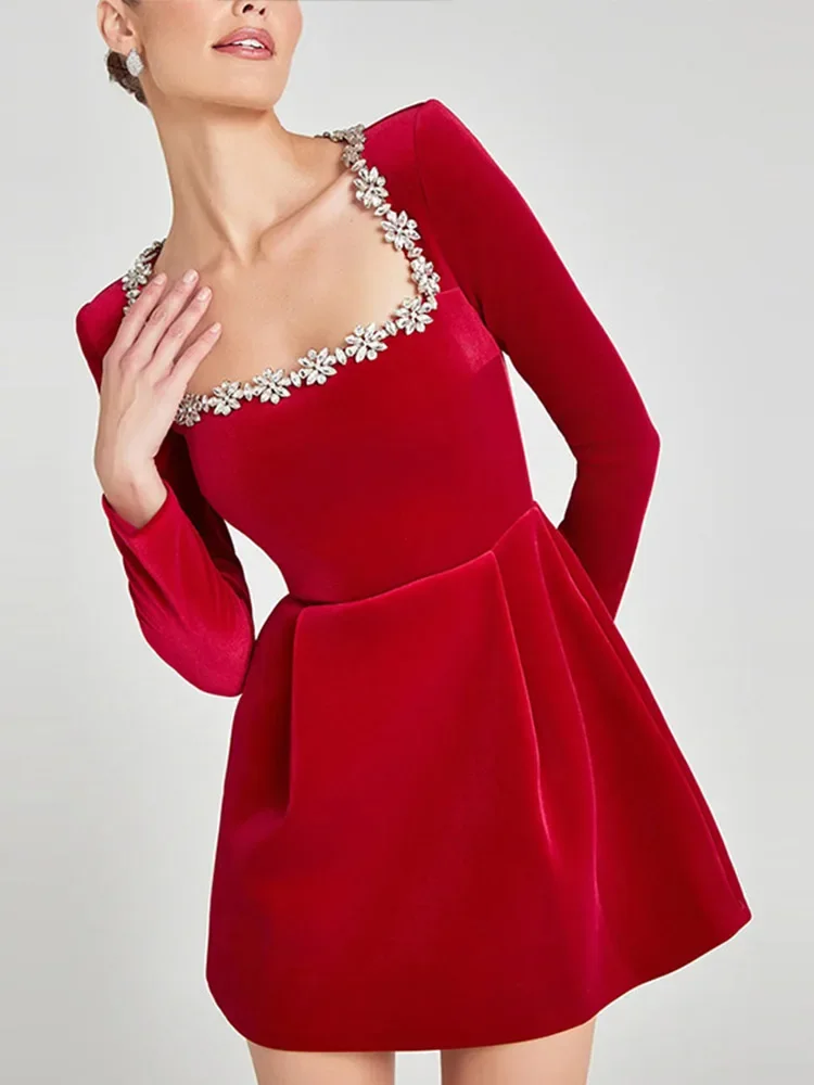 스퀘어 칼라 벨벳 드레스 다이아몬드 스터드 긴팔 슬림핏 이브닝 가운 허리 조절 빈티지 여성 숏 드레스 신상