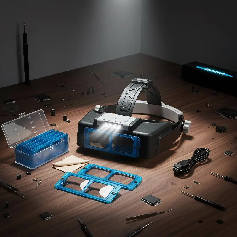 1Set Head Mounted Magnifying Glasses, USB Charging with 4 LED Lights & Battery Display, High Definition Magnifier