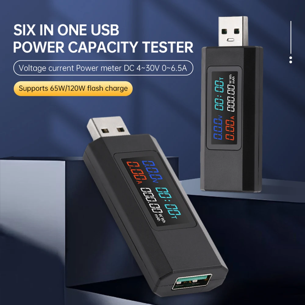 

6 in 1 Portable Power Bank Capacity Tester Voltage Current Power Meter DC 4-30V 0-6.5A 195W USB Mobile Phone Charger Power Meter