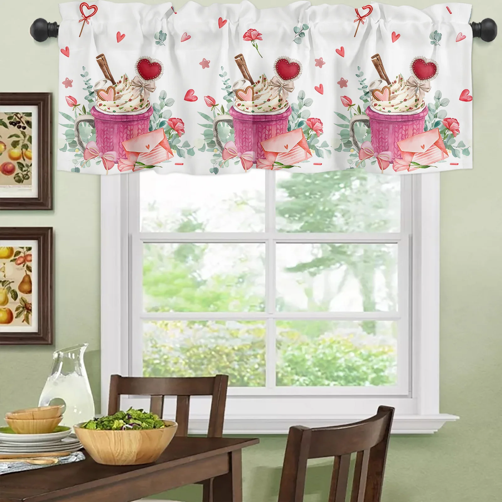 Valentine'S Day Coffee Cup Kitchen Curtains, Heart Polka Dot Patterned Polyester Curtain Valance, Sweet Romantic Short Curtains