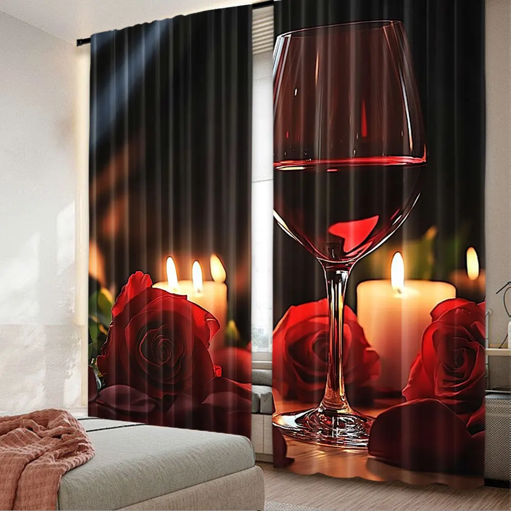

2Pcs Red Rose Wine Glass And Candle Curtains Fashion Curtains Personalized Curtains Suitable For Bedroom Living Room Dorm
