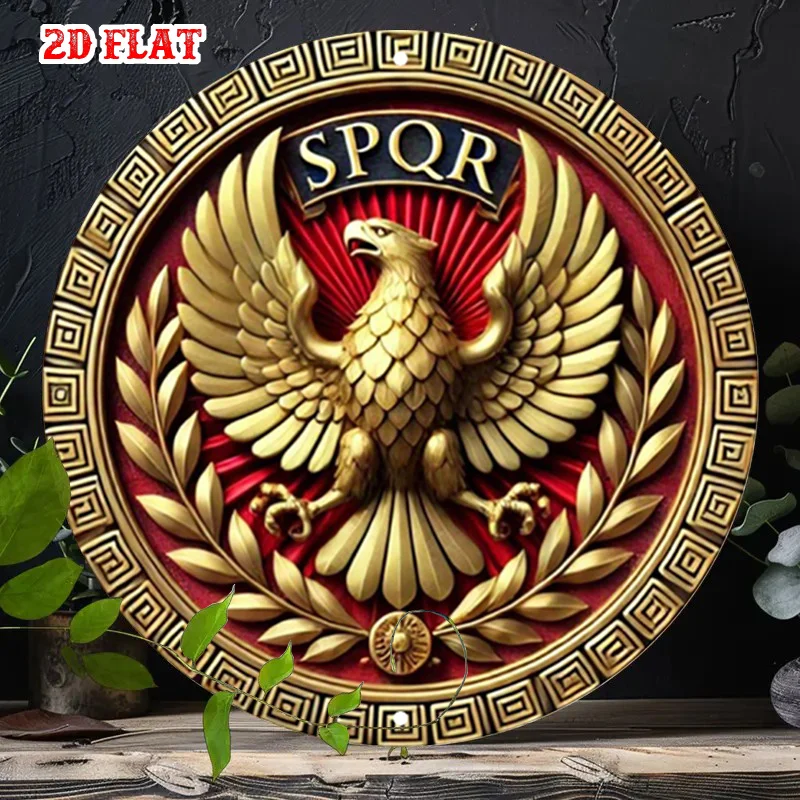 Wooden Vintage Round SPQR Sign, Rustic 2D Flat Print Wall Art, Retro Roman Eagle Aesthetic Decor, Antique Imperial Emblem Plaque