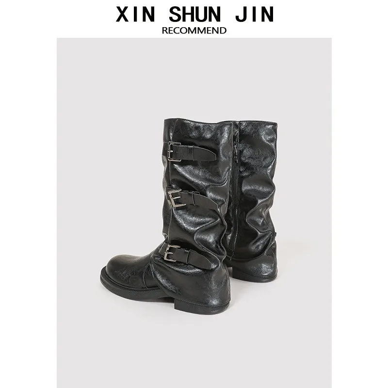 المرأة مطوية هيم الجوارب سميكة القاع مطوي الأحذية منتصف العجل الأسود فارس بانت الساق أحذية الموضة جديد 2025 الحلو كول حار #4