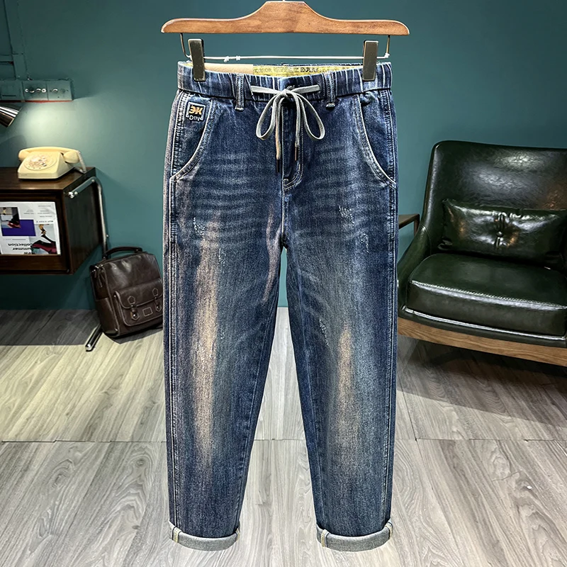 

95% Cotton Elastic Waist Casual Jeans Men's Branded Clothing Casual Trousers Streetwear Youth Straight Denim Pants Size 28-38