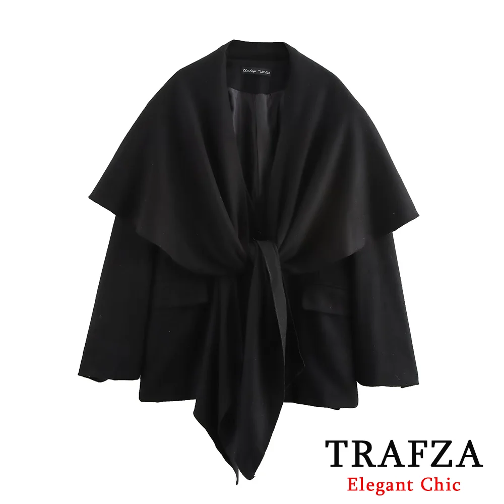 TRAFZA Women Elegant Scarf Soft Wide Blazer Lapel Bow Scarf Lining Blazer New 2024 Autumn and Winter Fashion Y2K Romantic Blazer