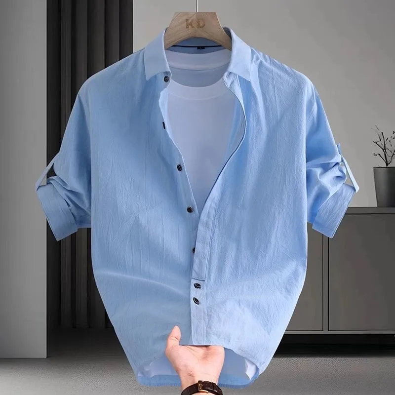 2026 New Men's Casual Thin-Collar Short-Sleeve Shirt Summer Loose Fit Open-Carved Seven-Arm Outerwear Polyester Fiber