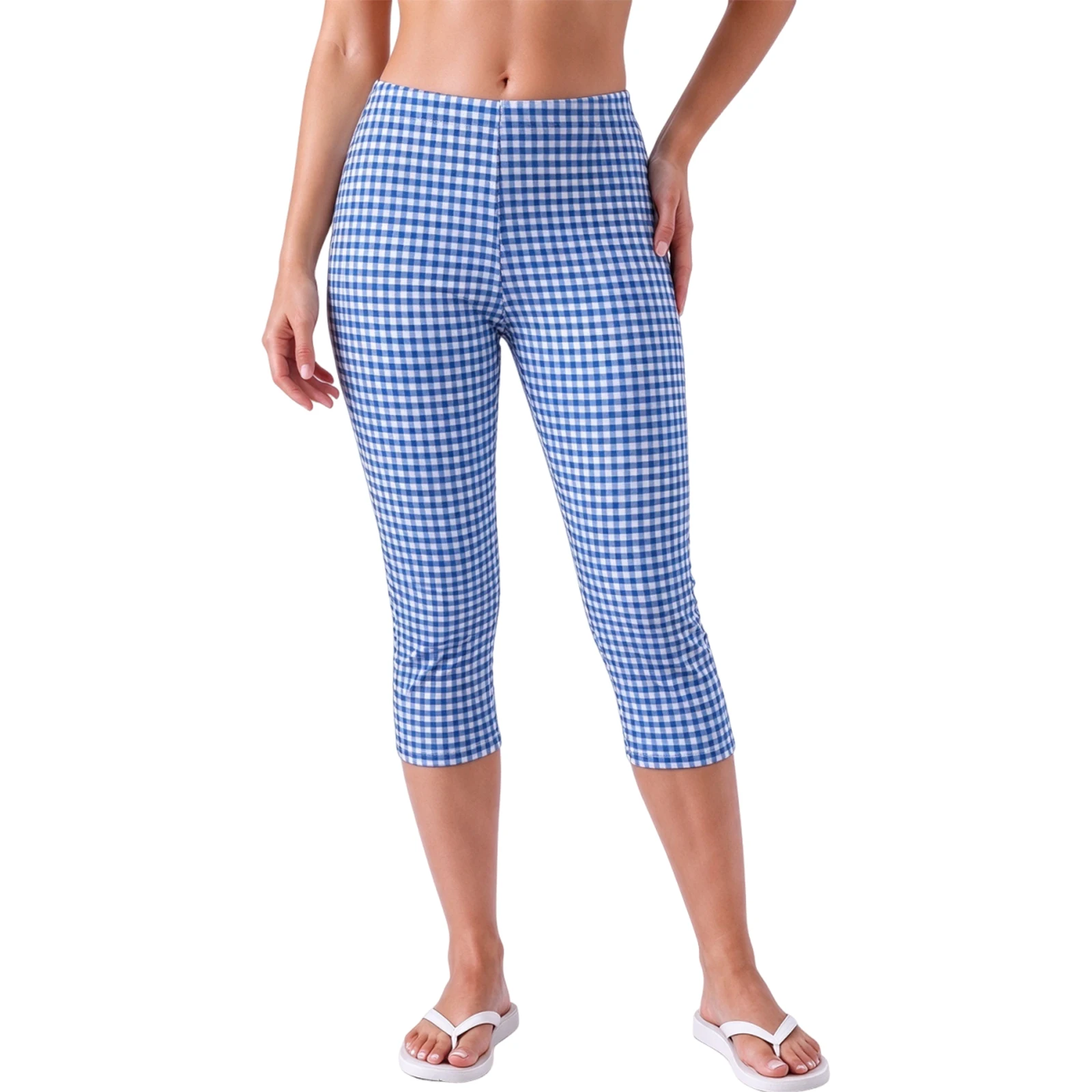 Women Slim Fit Capri Pants Plaid Print Low Rise Side Slit Cropped Leggings