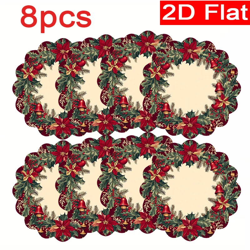 VIKAMA 8PC Christmas Red and Green Meal Mat Holly Leaves Red Berries Bell Table Restaurant Christmas Decoration