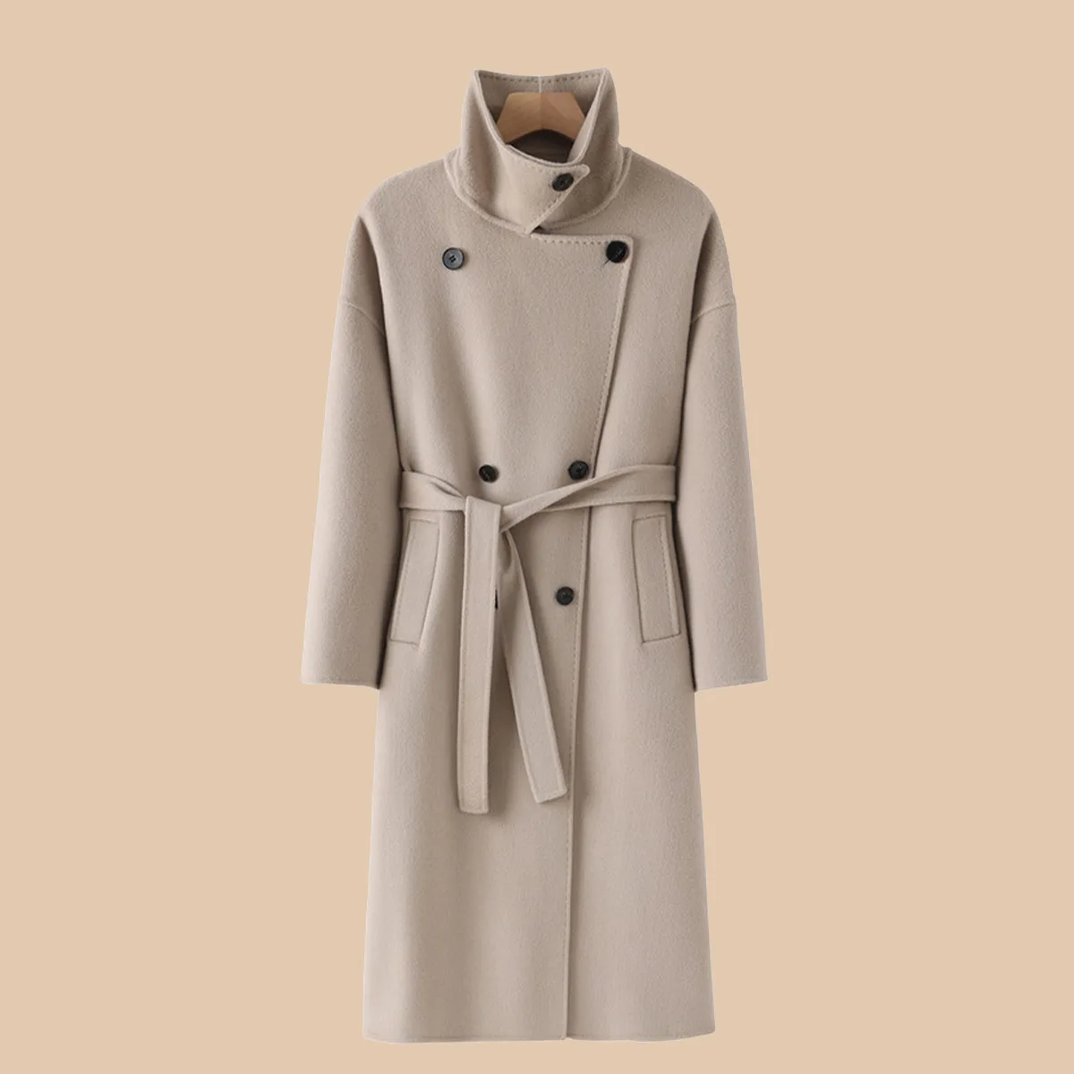 Cappotto da donna elegante in lana di cashmere double face con risvolto e lunghezza media