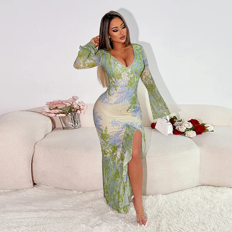 Sexy V Neck Floral Print Bodycon Maxi Dress Women Long Sleeve Slit Elegant Party Vestido Spring Fall Night Prom Clothes