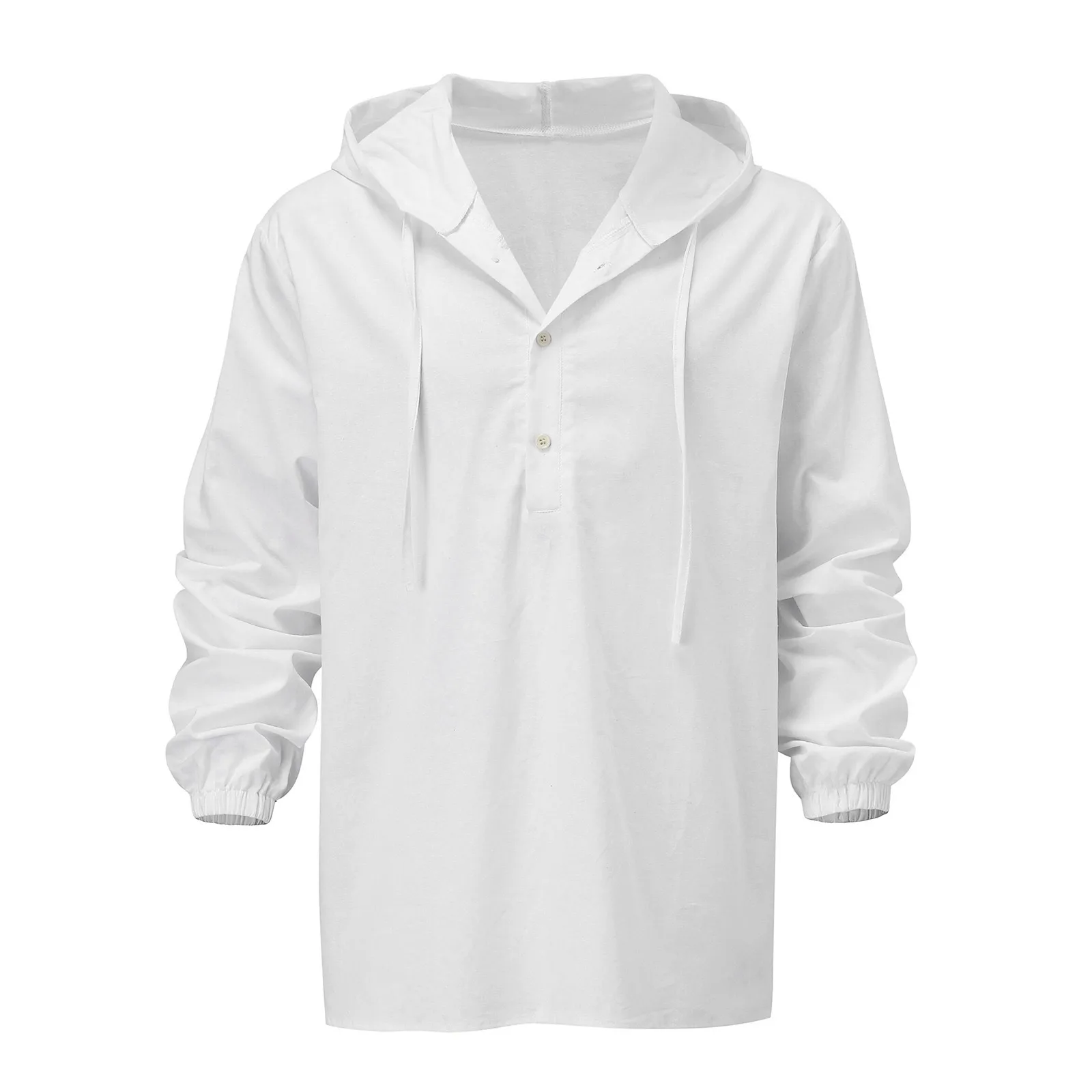 Hooded White Shirt Summer Cotton Linen Blouse long sleeve Solid Color Button Blouse Travel Work Style Male Breathable Slim Tops