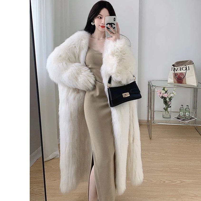 

Winter Women X-Long Eco Friendly Faux Fox Fur Long Coat Imitation Mink Fur Jacket Flocking Trench Hairy Parka Cardigan Tops 2025