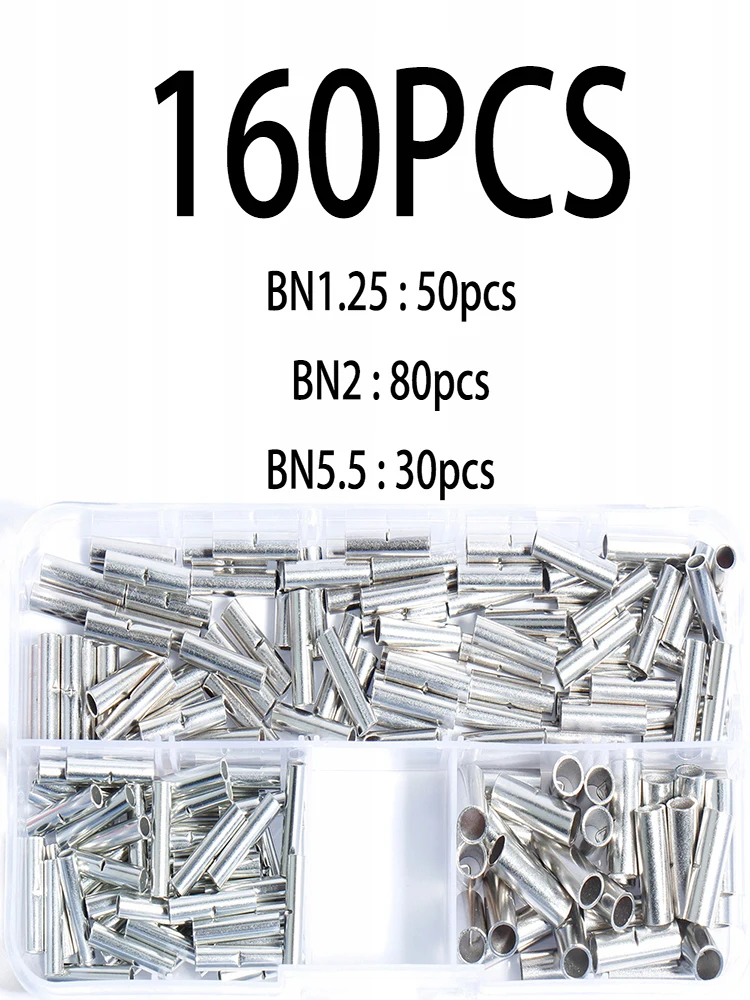 

160PCS Non-Insulated Wire Connector Ferrules Electrical Cable Terminal Copper Bare Tinned Crimp Terminal 0.5mm2-16mm2 22-10 AWG