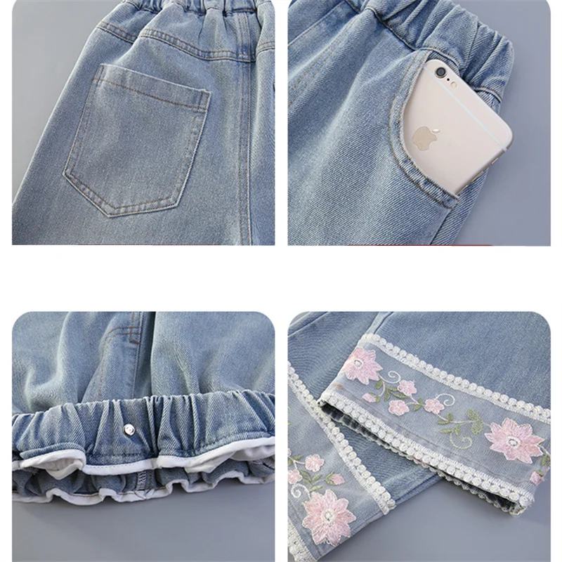 Jeans dritti in cotone primaverile per bambina carina con pizzo floreale Pantaloni morbidi per bambini Jeans Pantaloni in denim a fiori per bambino adolescente