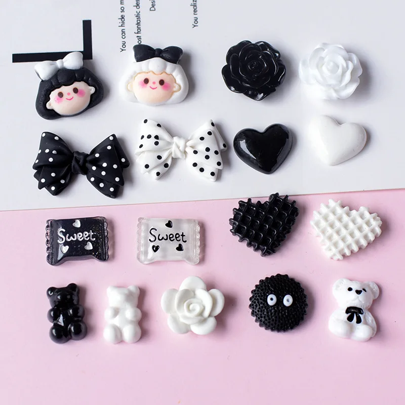 16pcs Cute Girls' Shoes Decoration Bow Black Flower Slippers Charm Candy Sandals Decoration Bear Resin Shoe Accessories