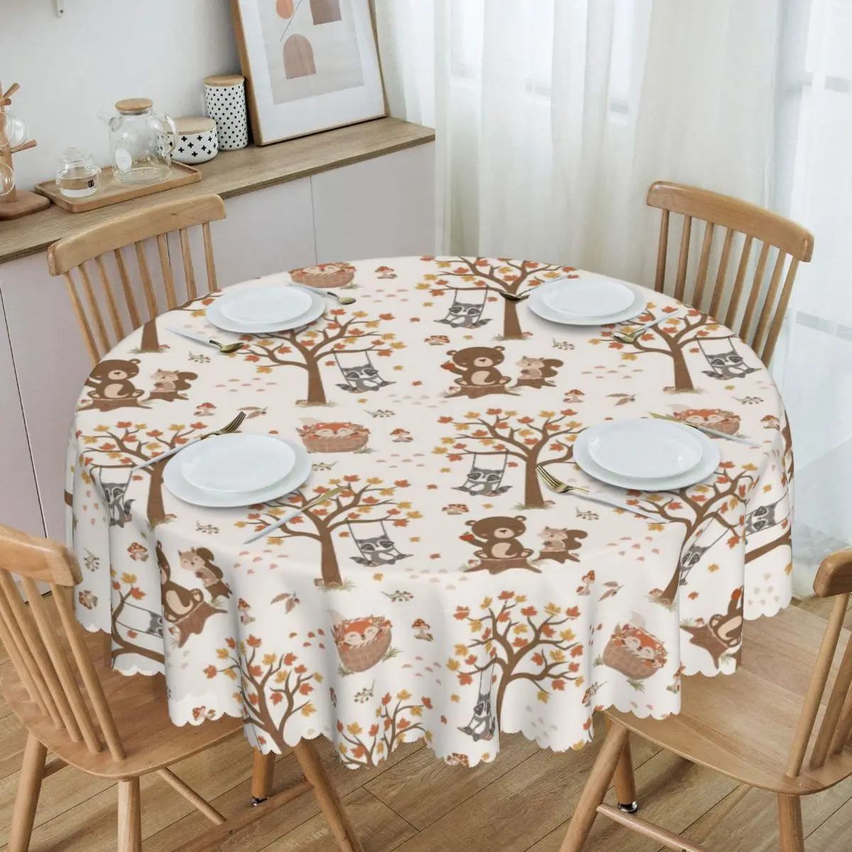 Customized Autumn Woodland Animals Scene Fabric Tablecloth Round Oilproof Table Cloth Cover for Party 60 inch