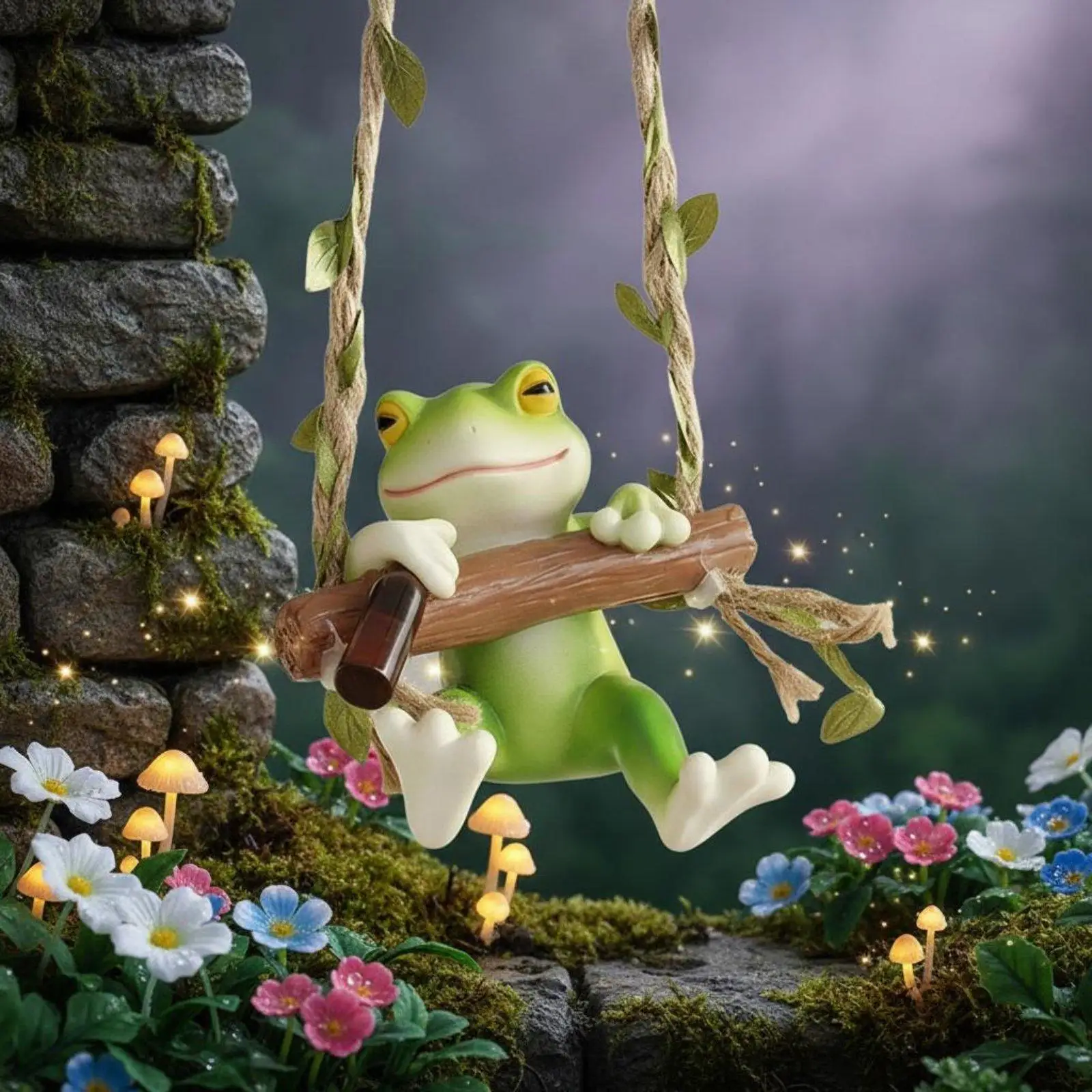 Frog Swing Hanging Detailed Resin Art Fun Frog Garden Decoration for Outdoor Tree and Patio