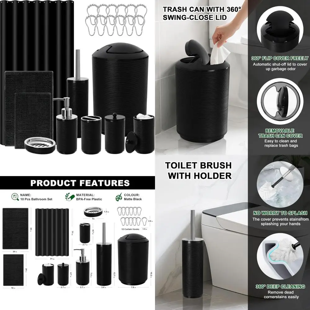 

Complete 22-Piece Black Bathroom Accessory Set: Shower Curtain, Rugs, Trash Can, Soap Dispenser, Toothbrush Holder, and More
