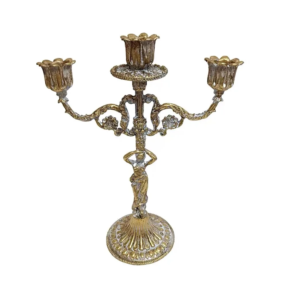 Vintage Bronze 3-Arm Candelabra with Goddess Figure, Antique Brass Finish Candle Holder with Rhinestone Accents, 27cm Height, We