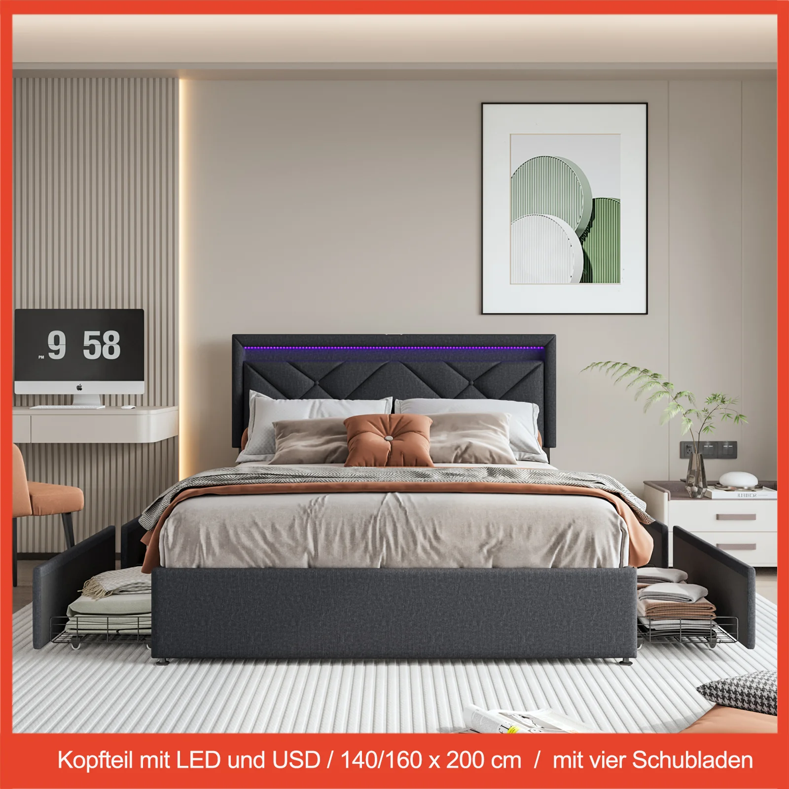 Double Bed Upholstered Bed with LED and 4 Drawers,Height Adjustable Headboard,Wooden Slatted Base,140/160x200cm,No mattress