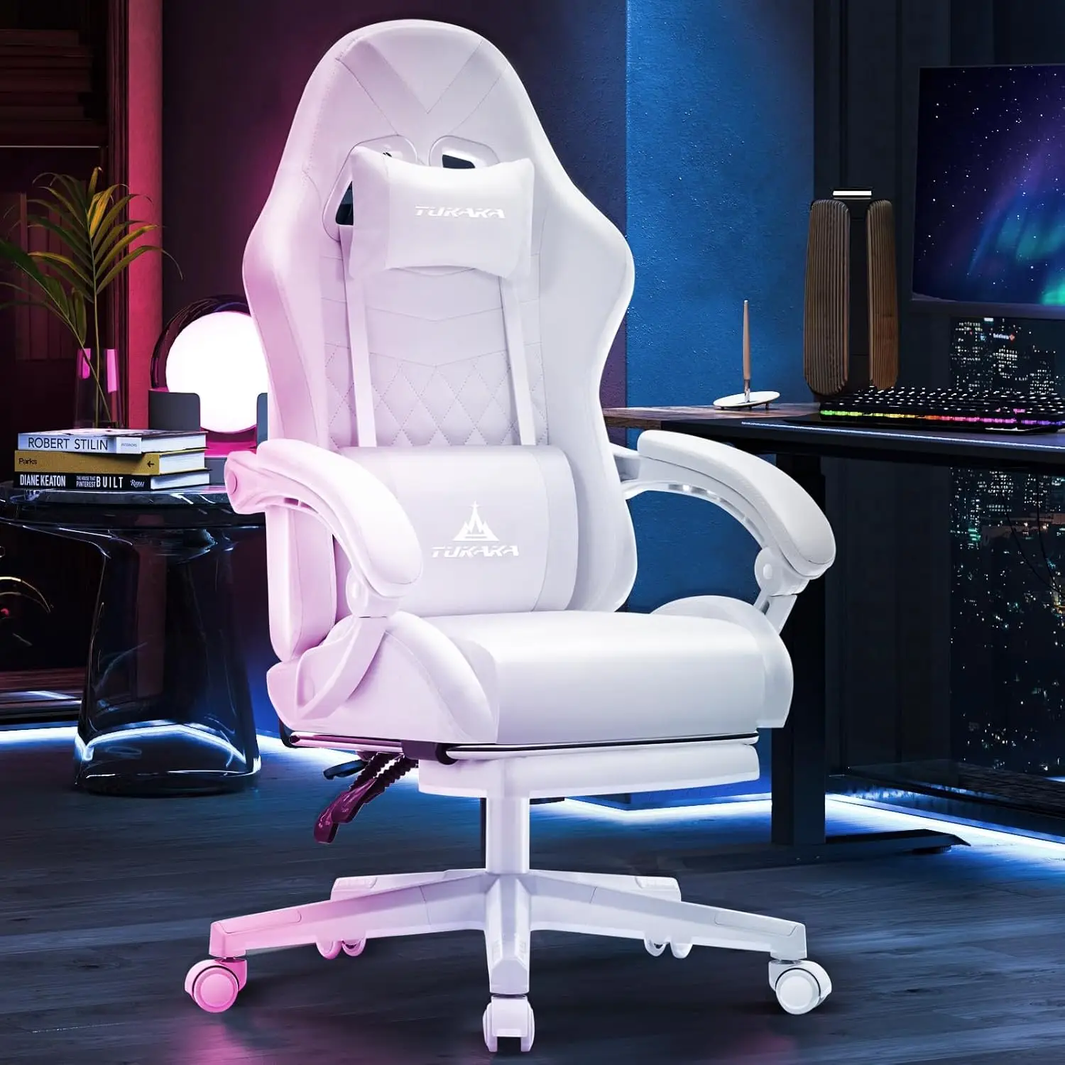 White Ergonomic Gaming Chair with Footrest, Reclining Leather Computer Desk Chair with Lumbar Support