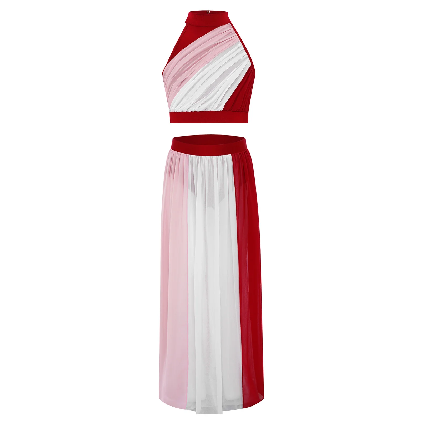 Kinderen Meisjes Ballet Dans Sets Lyrische Latin Jazz Danskleding Ruches Front Keyhole Back Crop Top met Split Flowy Chiffon Rok Pak