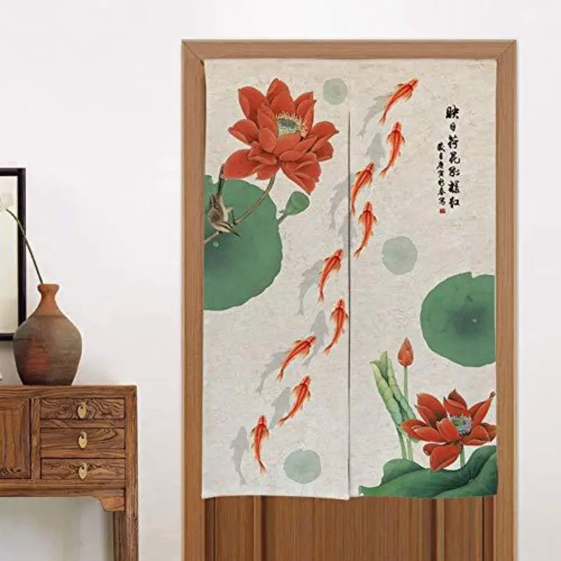 VIKAMA Beige Flax Pink Lotus Door Curtain Blossom Green Leaf White Smoke Chinese Ink Art Linen Noren Bedroom Kitchen Living Room