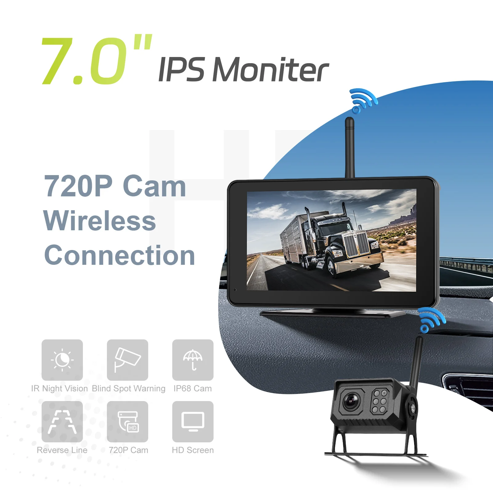 Degreat 7" IPS-Bildschirm Kabellose Rückfahrkamera IP68 Wasserdicht Infrarot-Nachtsicht Rückfahrkamera mit BSD für LKW/Bus/Wohnmobil