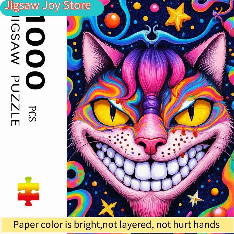 

Пазл по мотивам «Алиса в стране чудес» с Чеширским котом от Disney | Яркие радужные полосы и темный звездное небо, детализированное розовое лицо